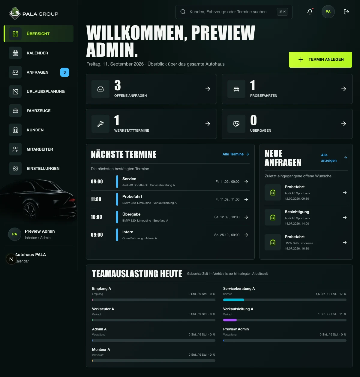 Neue PALA Kalender Oberfläche mit Dashboard, Terminen und Auslastung